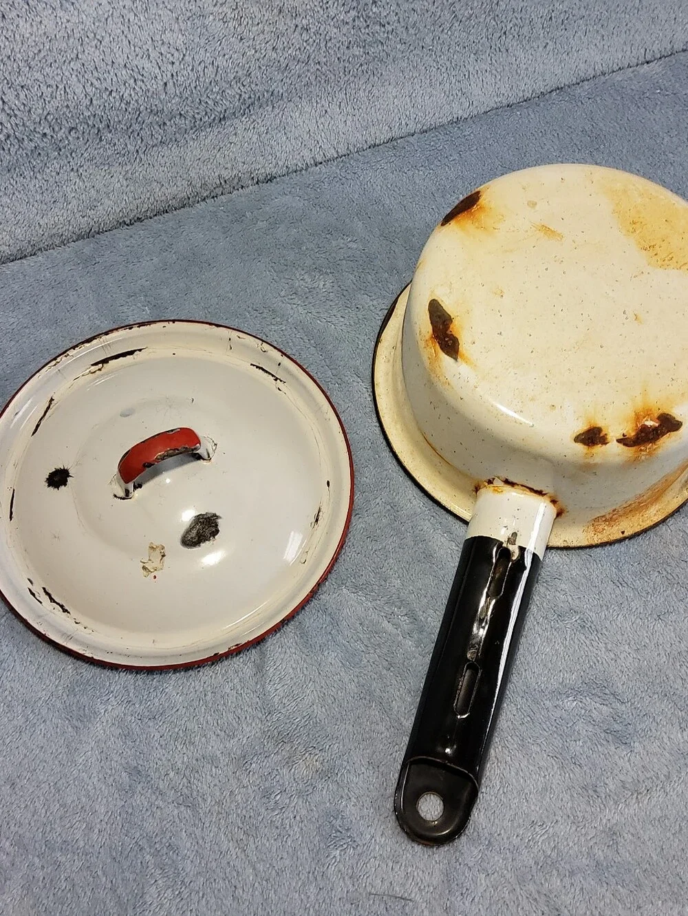 Vintage Enamelware Saucepan Pot With Lid White Black Red Trim Farmhouse Decor